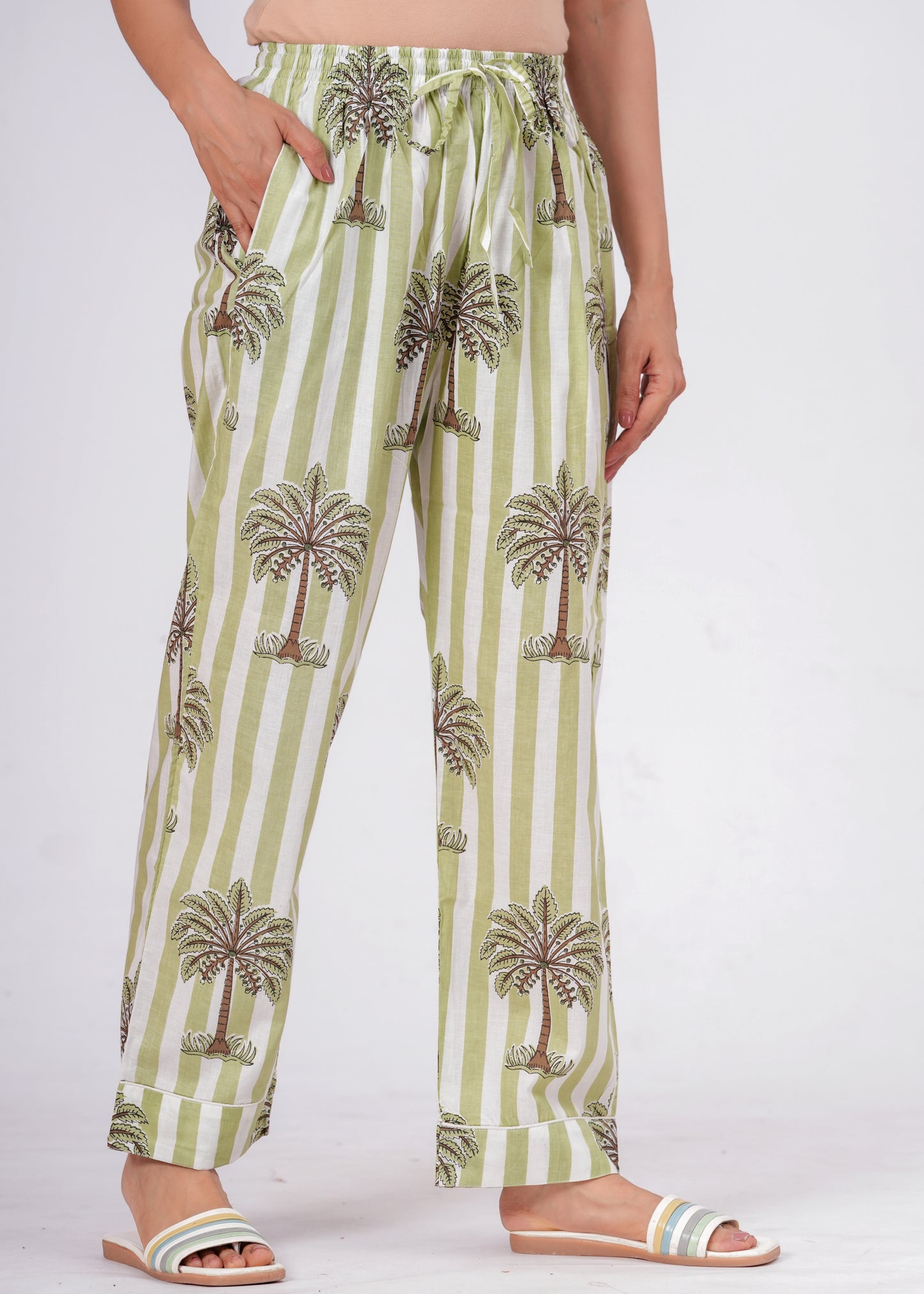 Women's Green Palm Tree Print Cotton Night Suit Set – Striped Two Piece Pajama Set