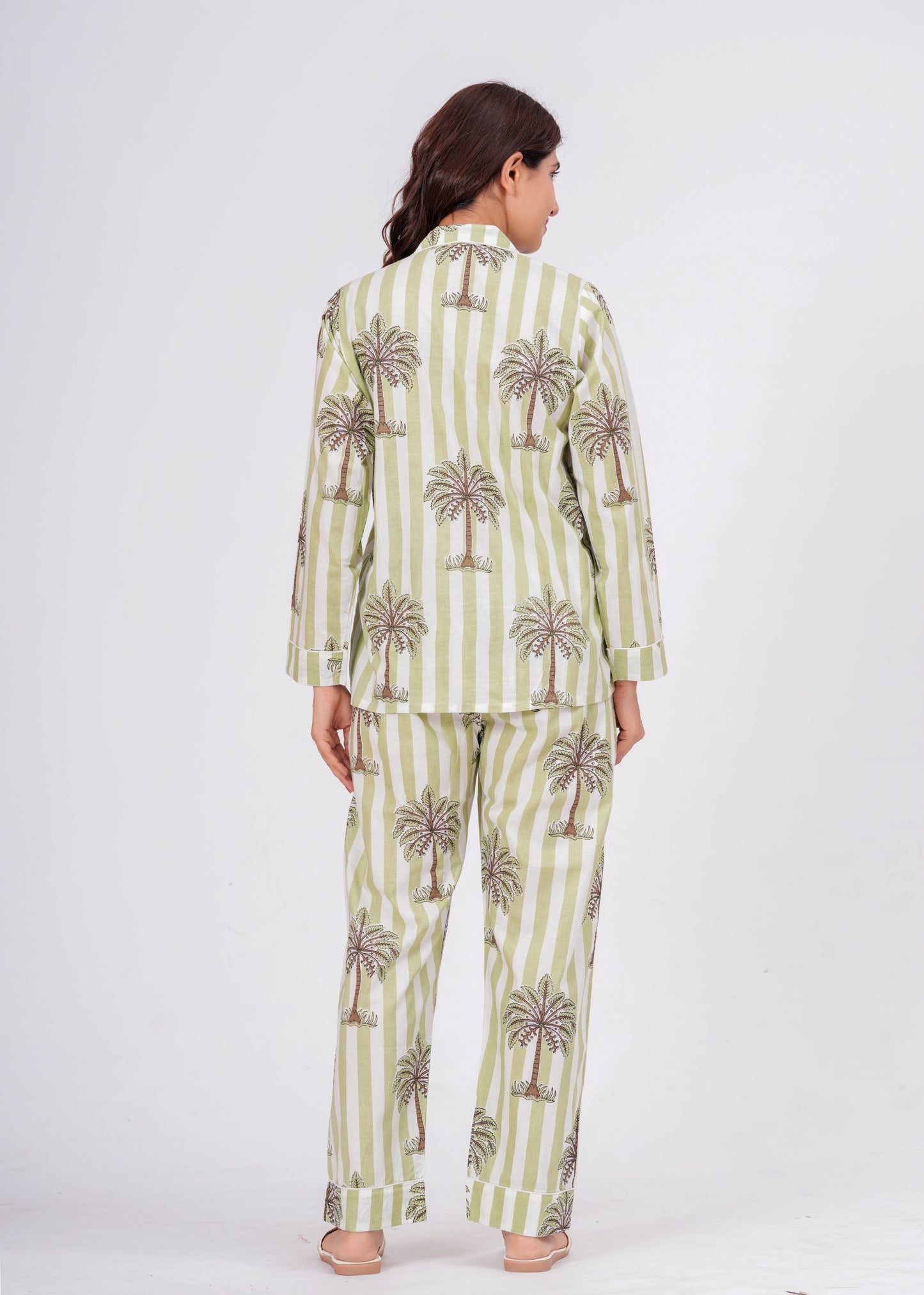 Women's Green Palm Tree Print Cotton Night Suit Set – Striped Two Piece Pajama Set