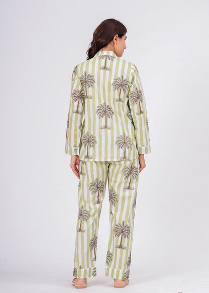 Women's Green Palm Tree Print Cotton Night Suit Set – Striped Two Piece Pajama Set