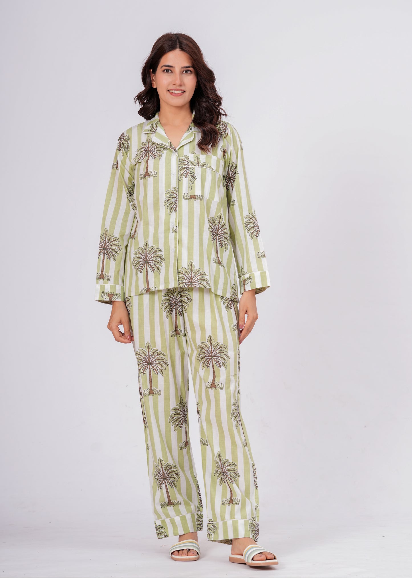 Women's Green Palm Tree Print Cotton Night Suit Set – Striped Two Piece Pajama Set
