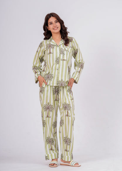 Women's Green Palm Tree Print Cotton Night Suit Set – Striped Two Piece Pajama Set