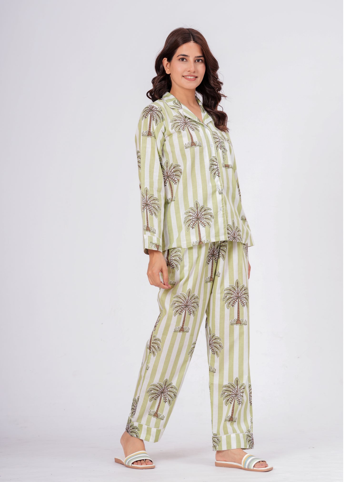 Women's Green Palm Tree Print Cotton Night Suit Set – Striped Two Piece Pajama Set