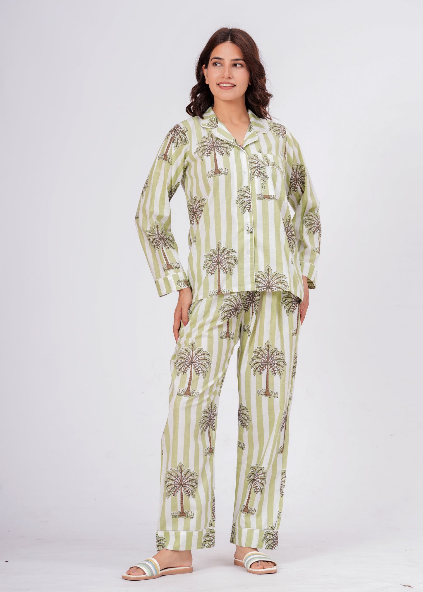 Women's Green Palm Tree Print Cotton Night Suit Set – Striped Two Piece Pajama Set