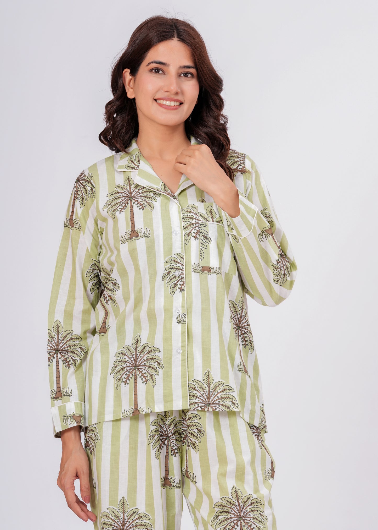 Women's Green Palm Tree Print Cotton Night Suit Set – Striped Two Piece Pajama Set