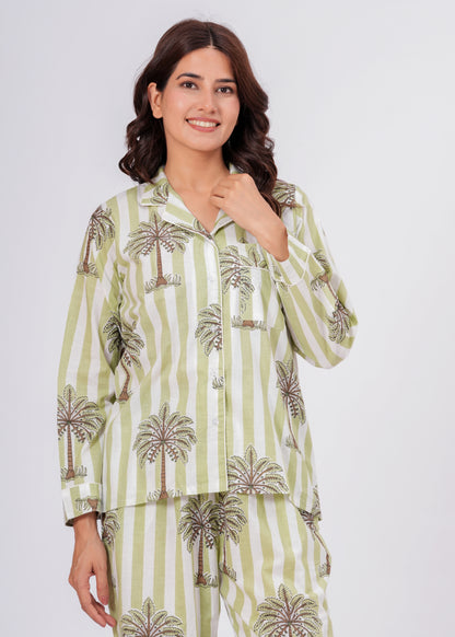 Women's Green Palm Tree Print Cotton Night Suit Set – Striped Two Piece Pajama Set