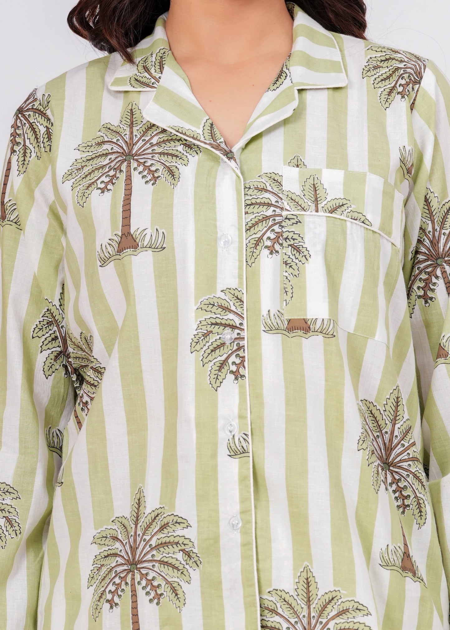 Women's Green Palm Tree Print Cotton Night Suit Set – Striped Two Piece Pajama Set