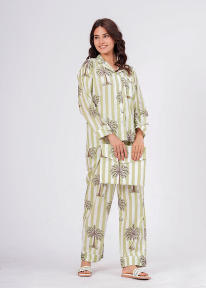 Women's Green Palm Tree Print Cotton Night Suit Set – Striped Two Piece Pajama Set