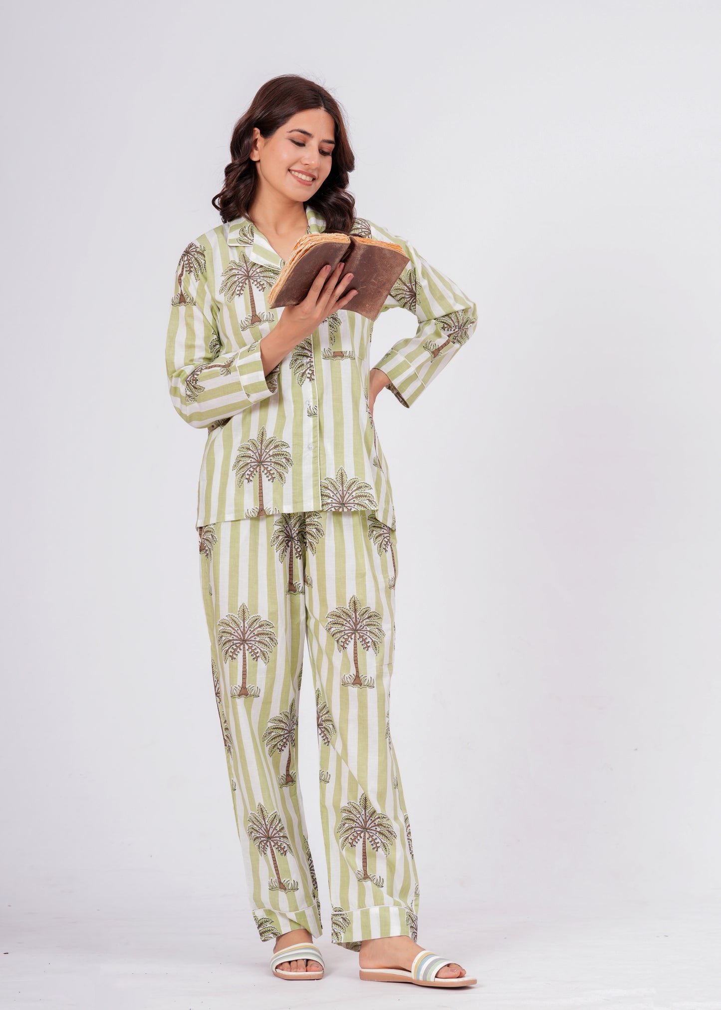 Women's Green Palm Tree Print Cotton Night Suit Set – Striped Two Piece Pajama Set