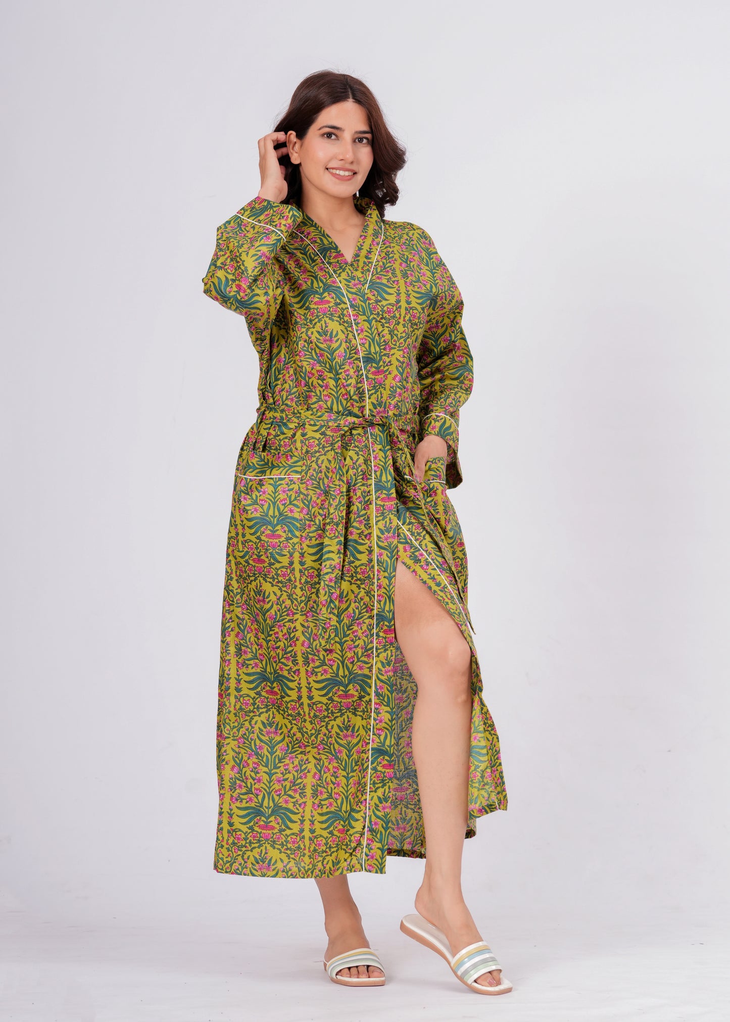Women's Botanical Floral Cotton Lounge Robe – Long Wrap Robe with Belt