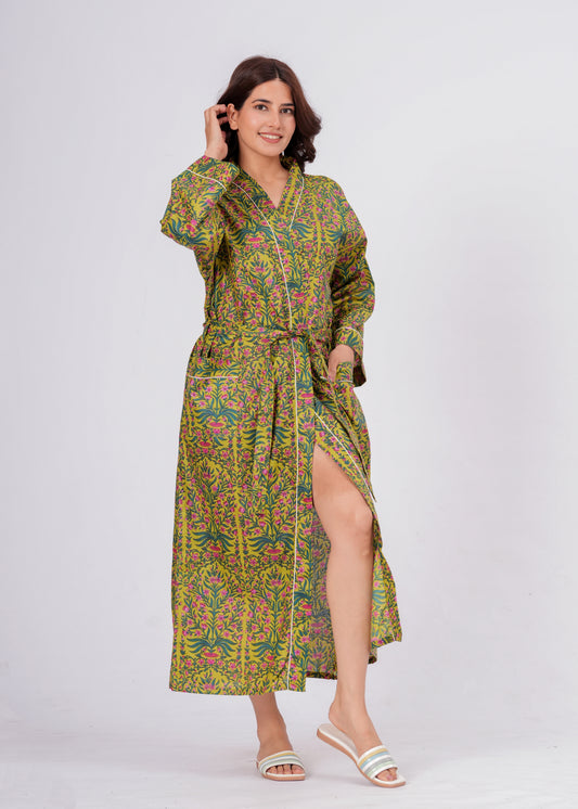 Women's Botanical Floral Cotton Lounge Robe – Long Wrap Robe with Belt
