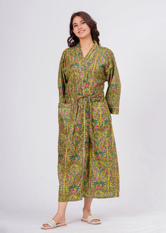 Women's Botanical Floral Cotton Lounge Robe – Long Wrap Robe with Belt