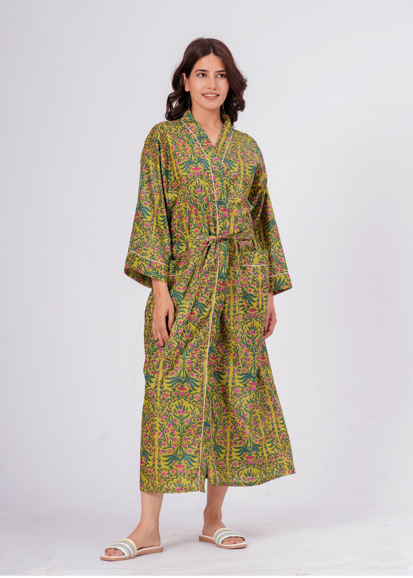 Women's Botanical Floral Cotton Lounge Robe – Long Wrap Robe with Belt