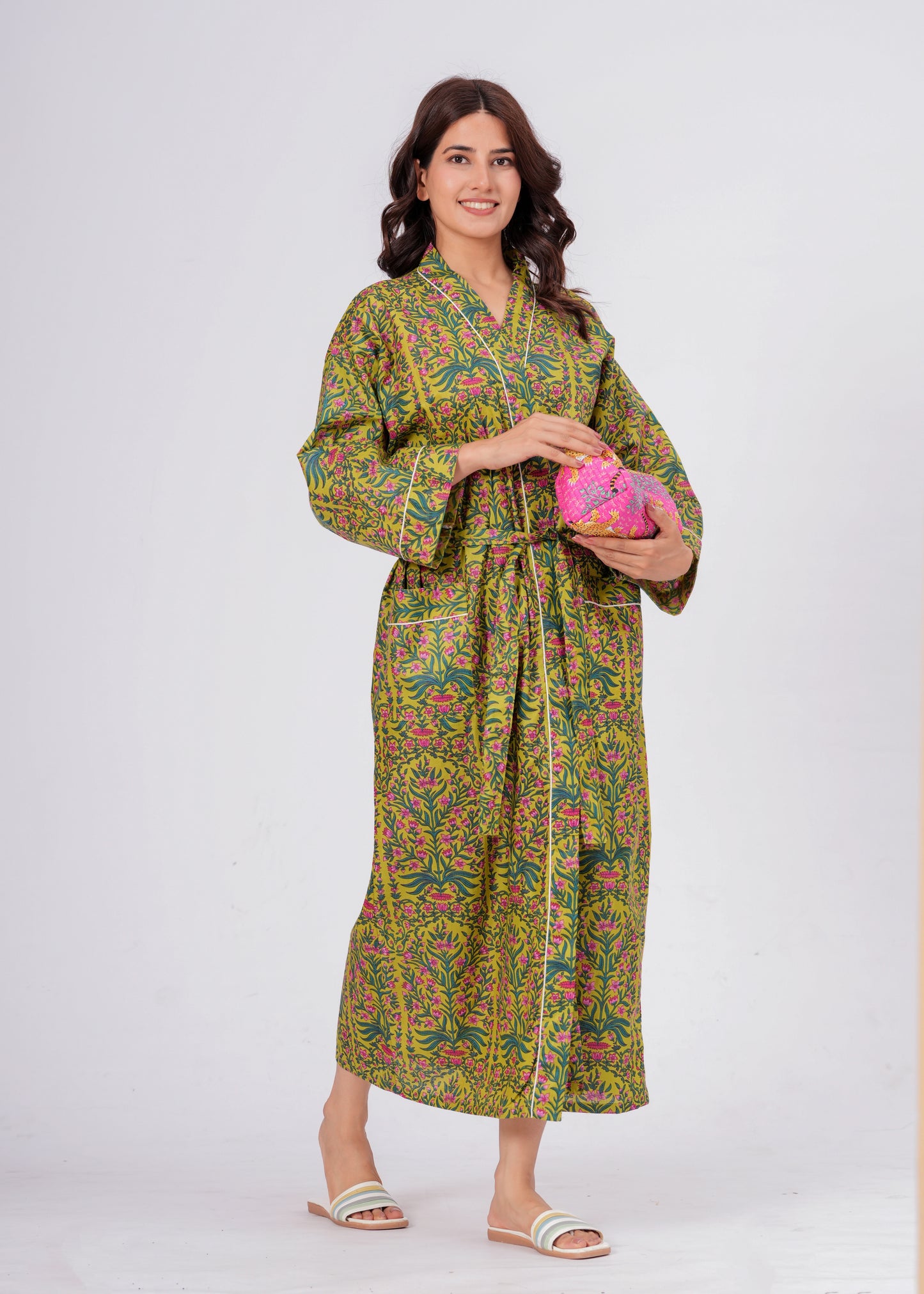 Women's Botanical Floral Cotton Lounge Robe – Long Wrap Robe with Belt
