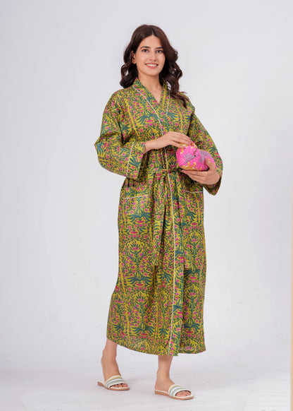 Women's Botanical Floral Cotton Lounge Robe – Long Wrap Robe with Belt