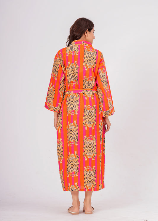 Women's Tiger Print Cotton Robe – Striped Lounge Robe with Belt