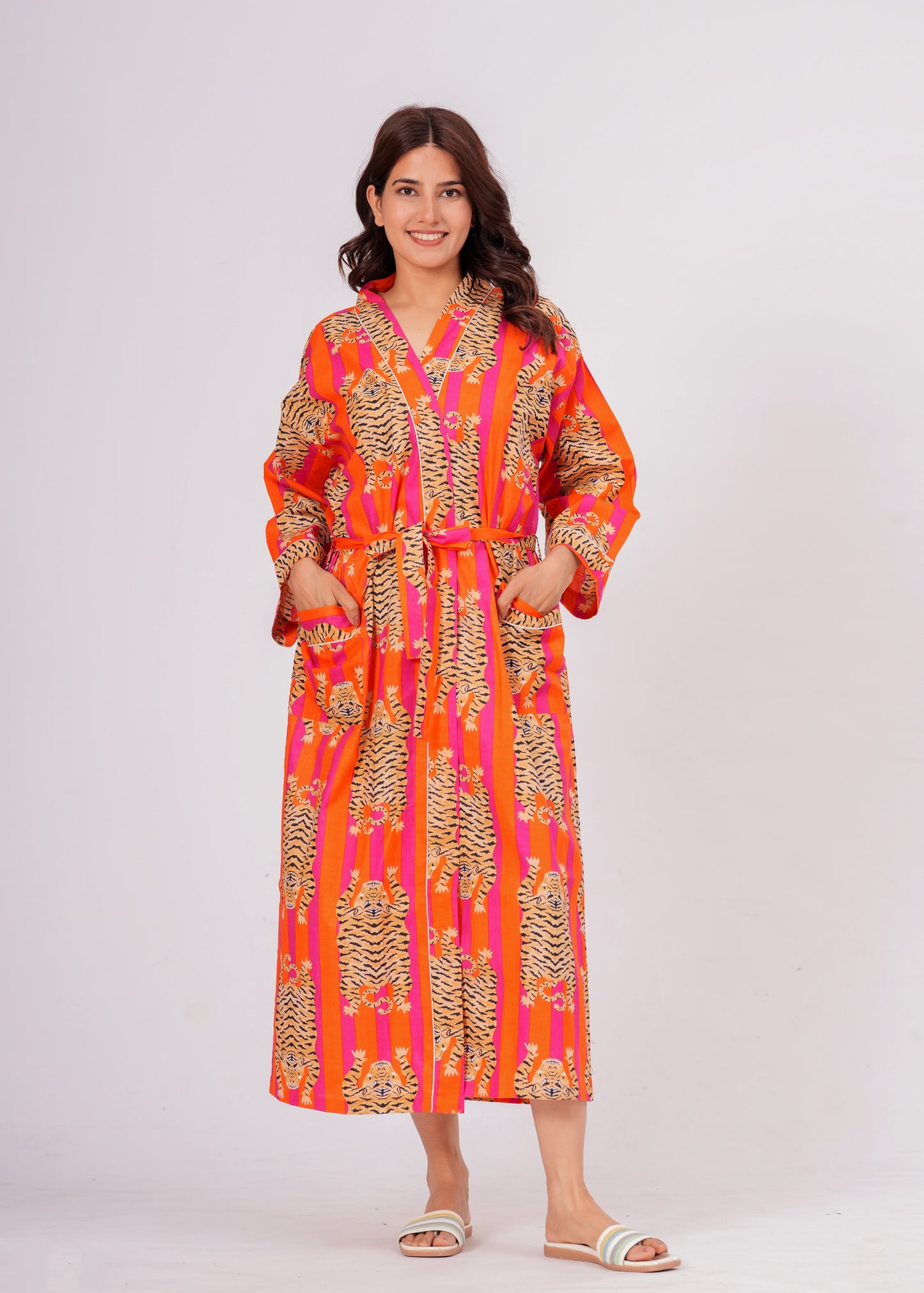Tiger Tango women's cotton Tibetan kimono robe. Bohemian style 
lightweight cotton housecoat featuring a vibrant tiger print design.