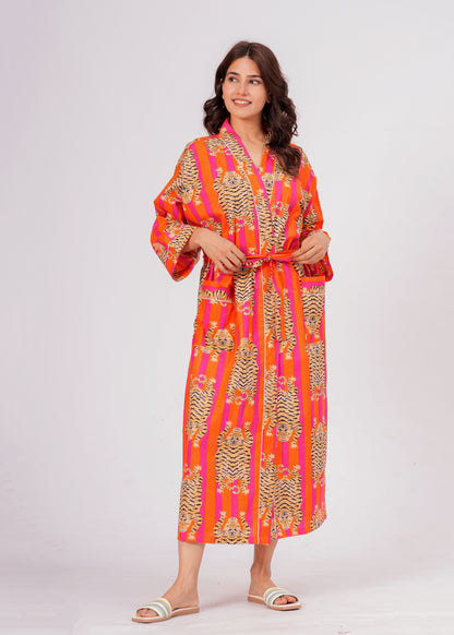 Women's Tiger Print Cotton Robe – Striped Lounge Robe with Belt