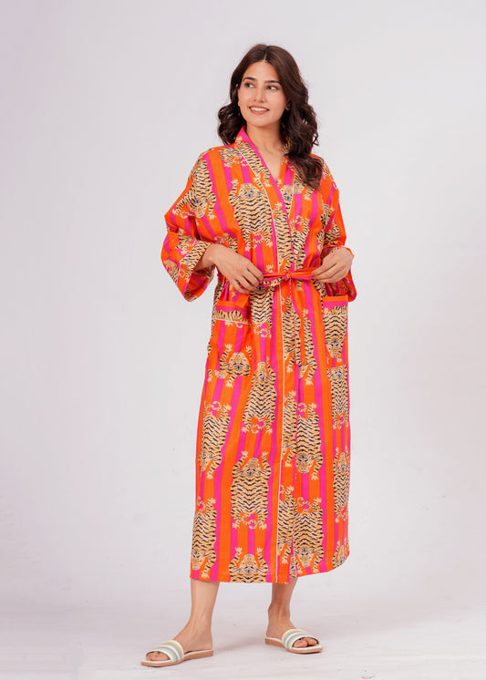 Women's Tiger Print Cotton Robe – Striped Lounge Robe with Belt