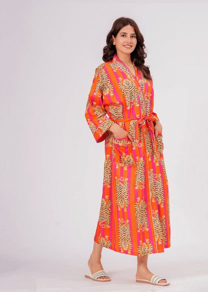 Women's Tiger Print Cotton Robe – Striped Lounge Robe with Belt