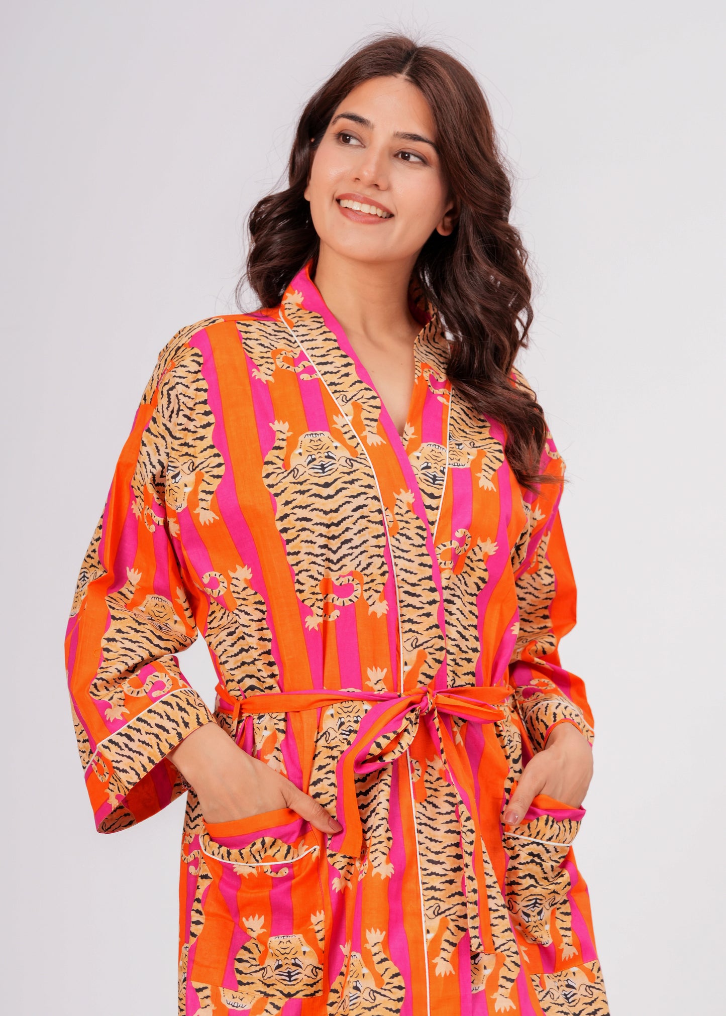 Tiger Tango women's cotton Tibetan kimono robe. Bohemian style 
lightweight cotton housecoat featuring a vibrant tiger print design.