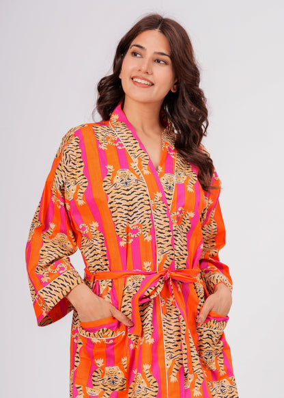 Tiger Tango women's cotton Tibetan kimono robe. Bohemian style 
lightweight cotton housecoat featuring a vibrant tiger print design.