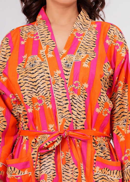 Tiger Tango women's cotton Tibetan kimono robe. Bohemian style 
lightweight cotton housecoat featuring a vibrant tiger print design.