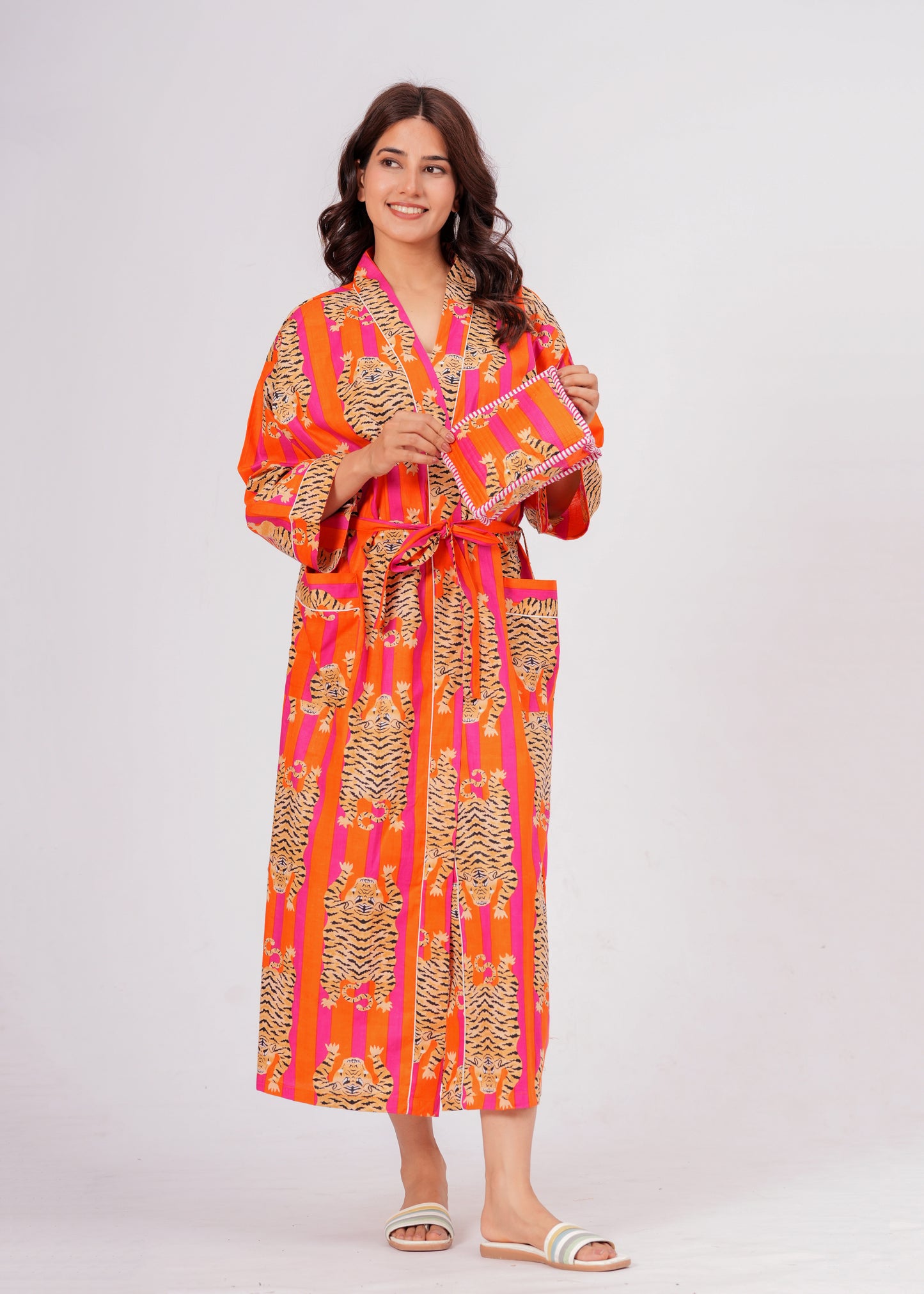 Women's Tiger Print Cotton Robe – Striped Lounge Robe with Belt