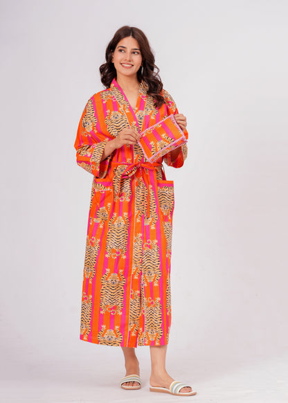 Women's Tiger Print Cotton Robe – Striped Lounge Robe with Belt