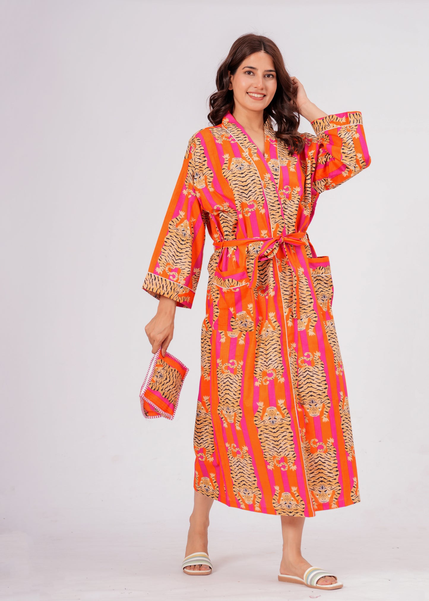Tiger Tango women's cotton Tibetan kimono robe. Bohemian style 
lightweight cotton housecoat featuring a vibrant tiger print design.