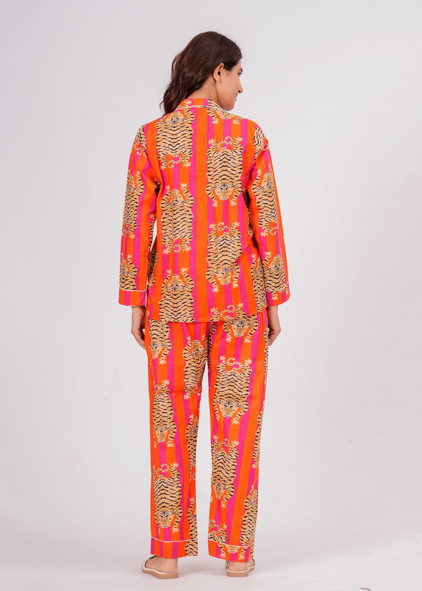 Women's Tiger Tango Orange Tibetan Print Cotton Night Suit Set – Elegant Two Piece Pajama Set