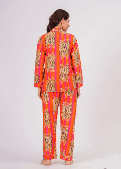 Women's Tiger Tango Orange Tibetan Print Cotton Night Suit Set – Elegant Two Piece Pajama Set