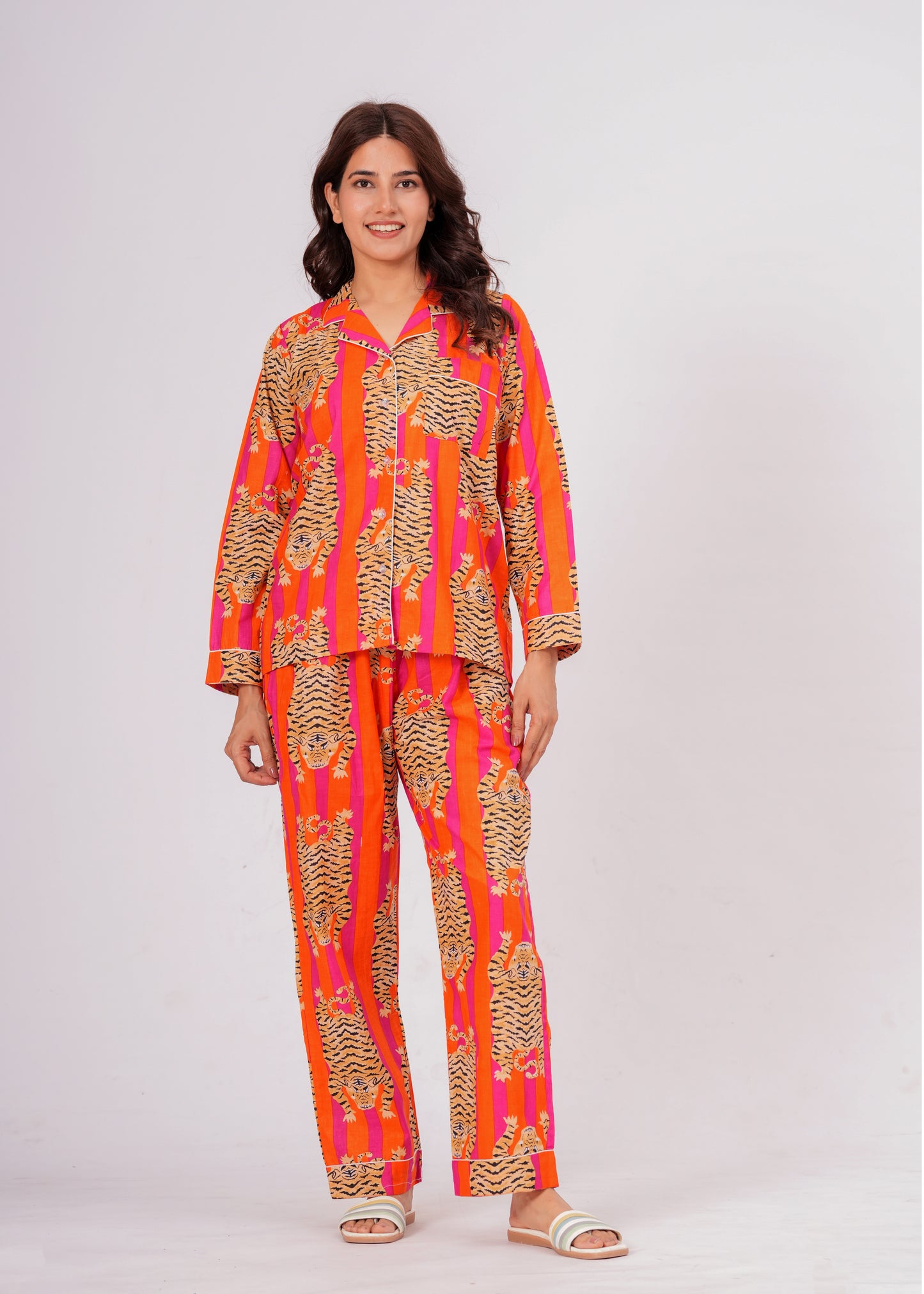 Women's Tiger Tango Orange Tibetan Print Cotton Night Suit Set – Elegant Two Piece Pajama Set