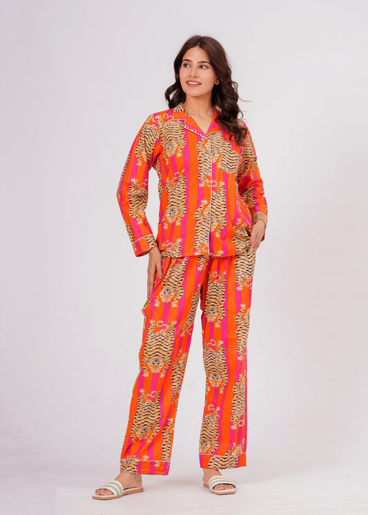 Women's Tiger Tango Orange Tibetan Print Cotton Night Suit Set – Elegant Two Piece Pajama Set