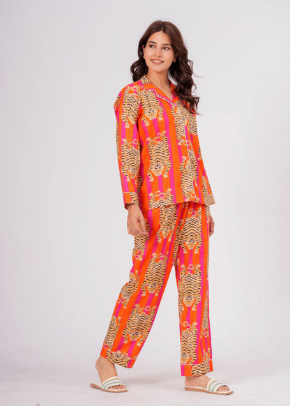 Women's Tiger Tango Orange Tibetan Print Cotton Night Suit Set – Elegant Two Piece Pajama Set