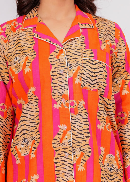 Women's Tango Orange Stripes Tibetan Tiger – Elegant Two Piece Cotton Pajama Set