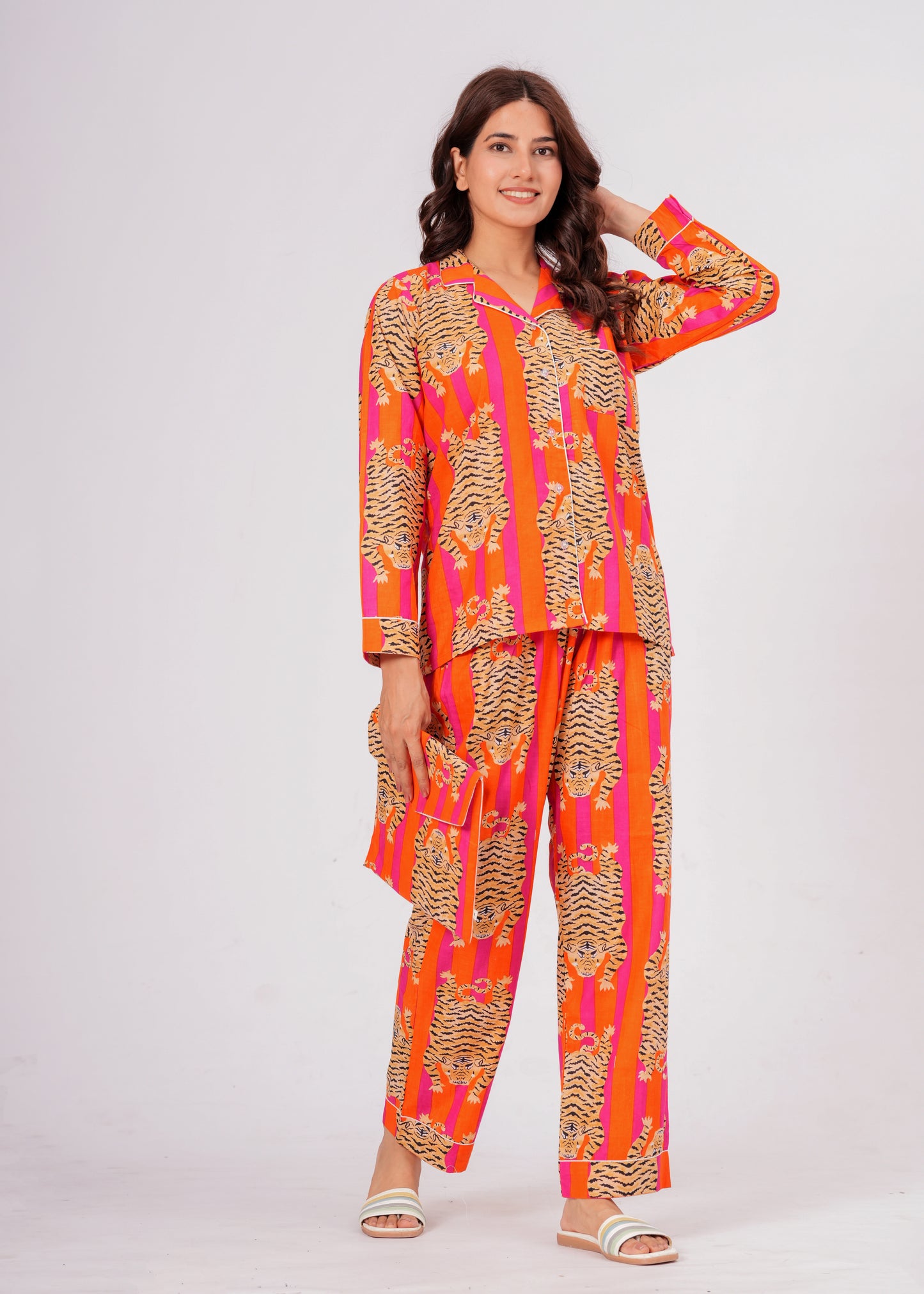Women's Tiger Tango Orange Tibetan Print Cotton Night Suit Set – Elegant Two Piece Pajama Set