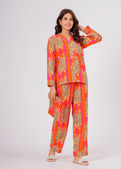Women's Tiger Tango Orange Tibetan Print Cotton Night Suit Set – Elegant Two Piece Pajama Set
