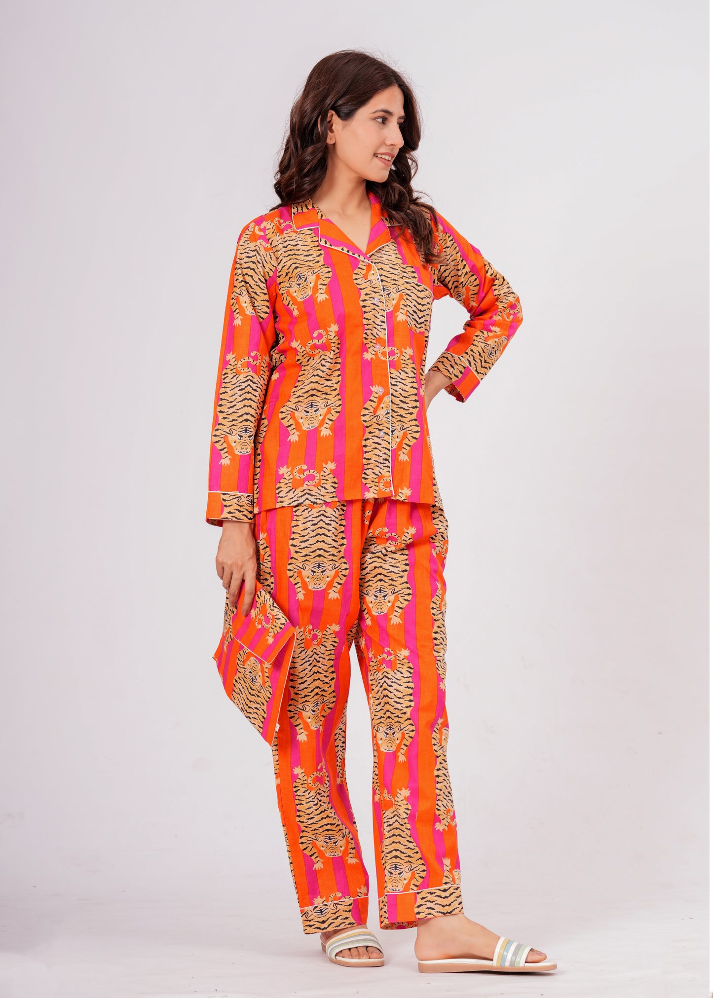 Women's Tiger Tango Orange Tibetan Print Cotton Night Suit Set – Elegant Two Piece Pajama Set