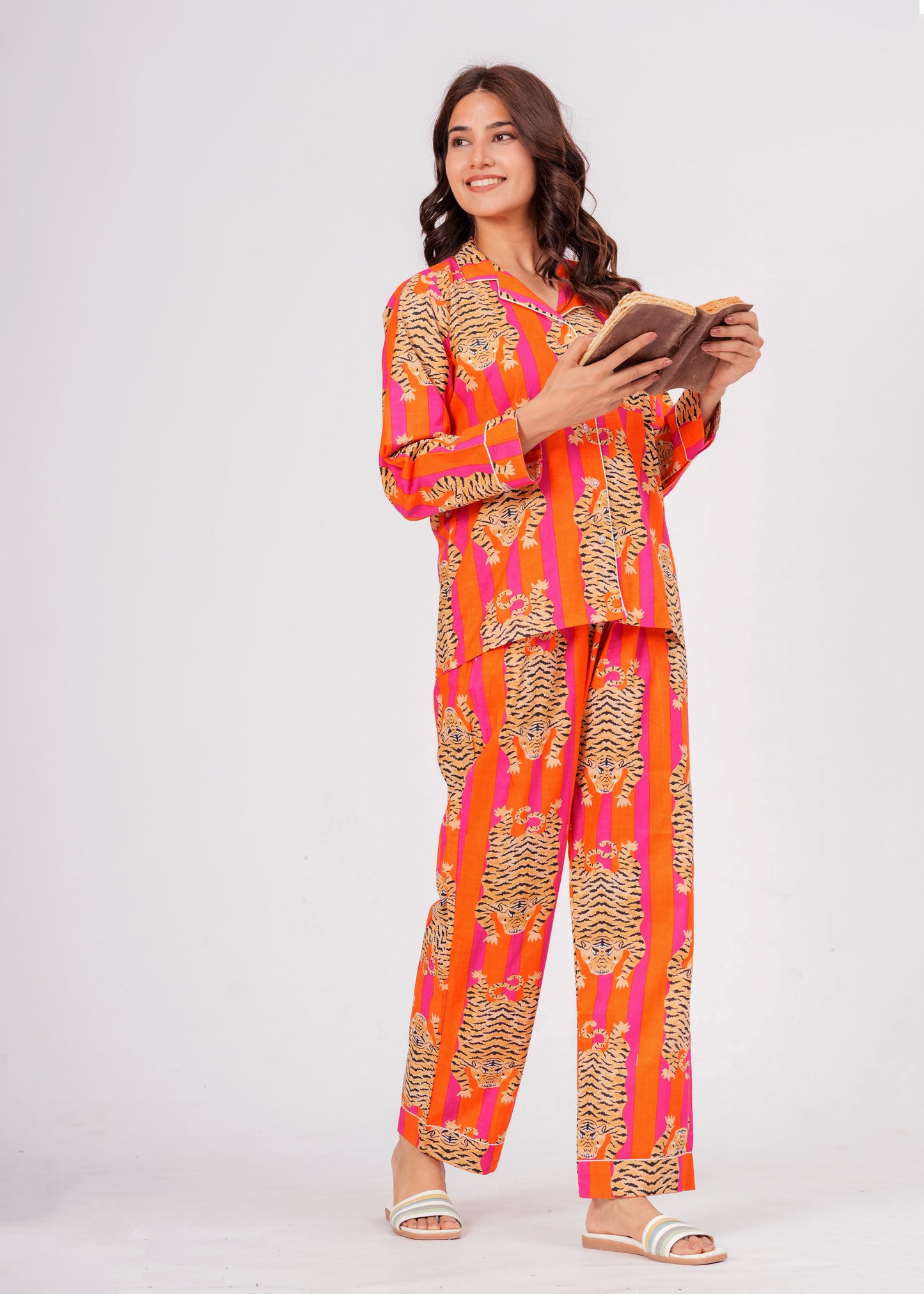 Women's Tiger Tango Orange Tibetan Print Cotton Night Suit Set – Elegant Two Piece Pajama Set