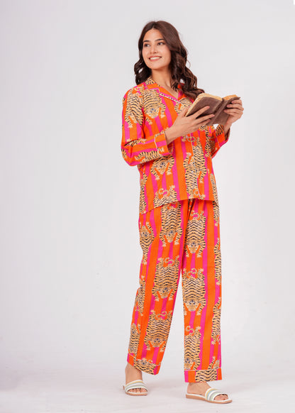 Women's Tiger Tango Orange Tibetan Print Cotton Night Suit Set – Elegant Two Piece Pajama Set