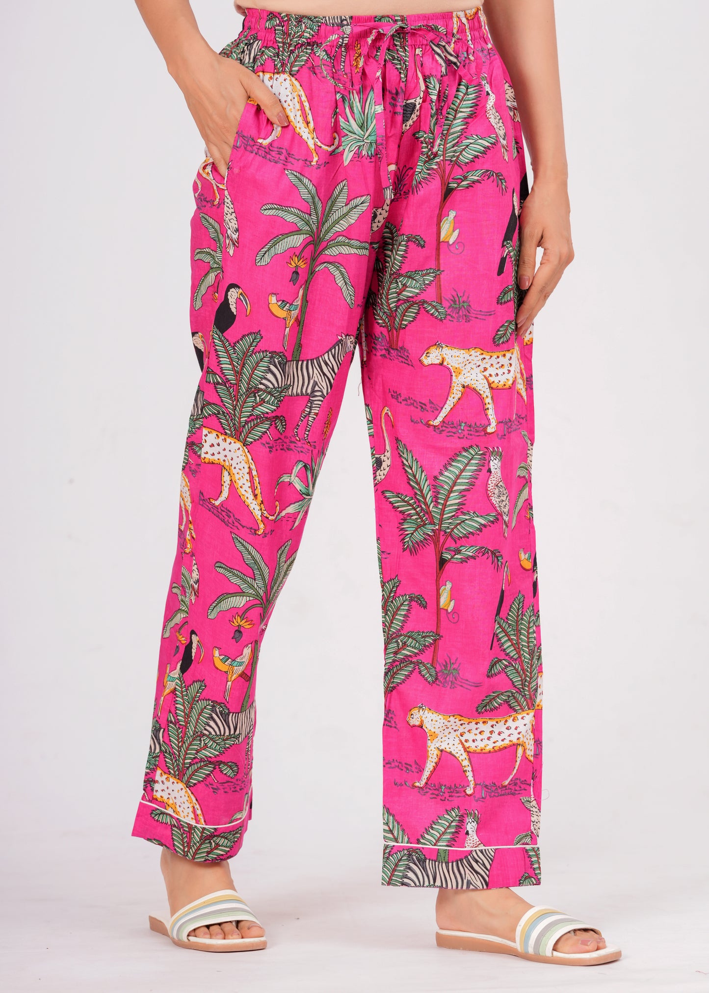 Women's Pink Safari Print Cotton Night Suit Set – Elegant Two Piece Pajama Set