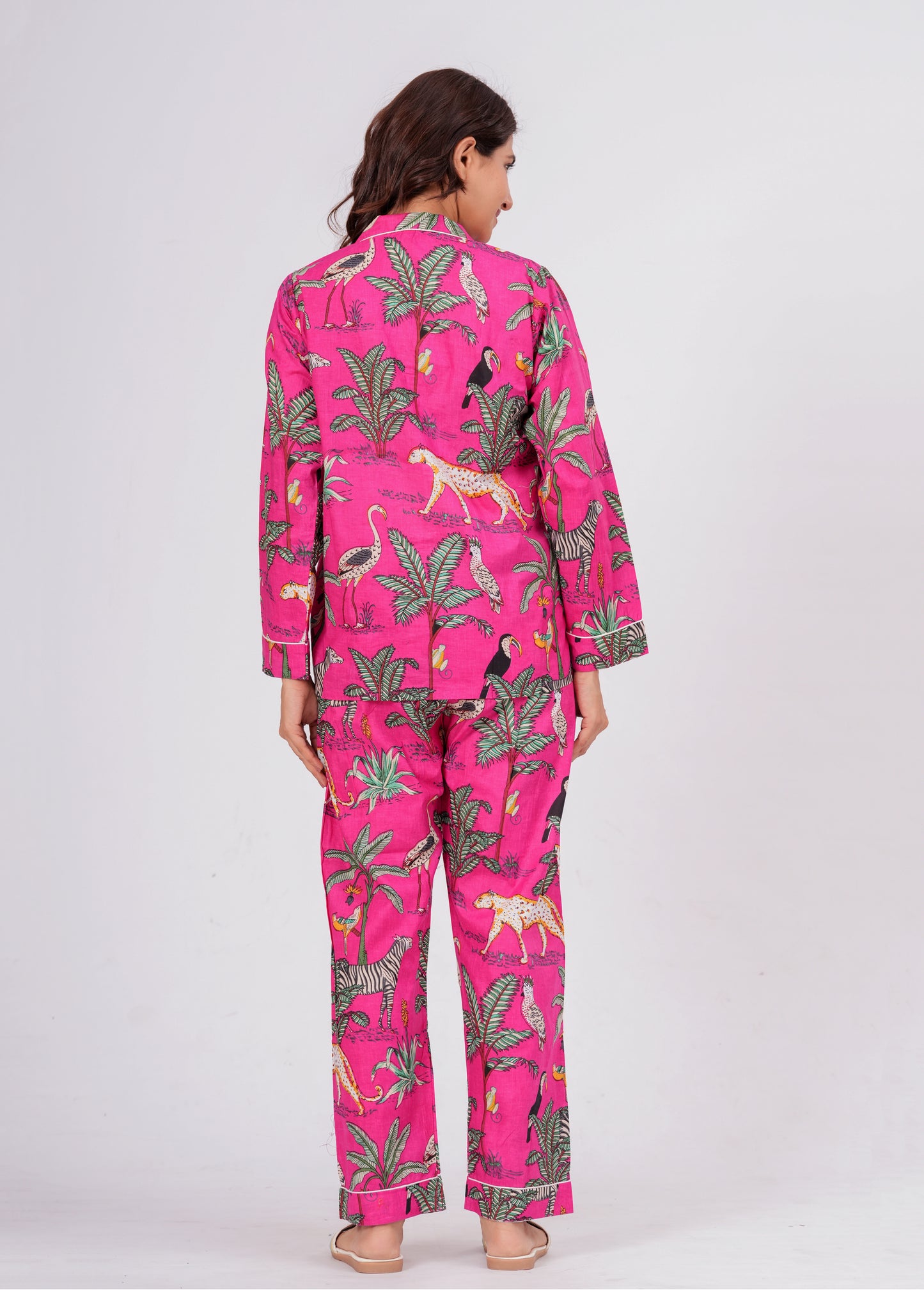 Women's Pink Safari Print Cotton Night Suit Set – Elegant Two Piece Pajama Set
