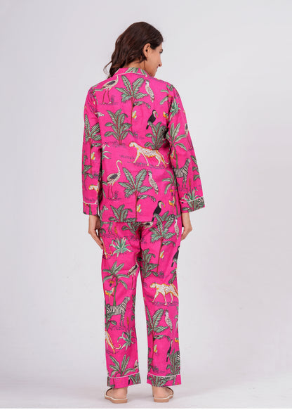 Women's Pink Safari Print Cotton Night Suit Set – Elegant Two Piece Pajama Set
