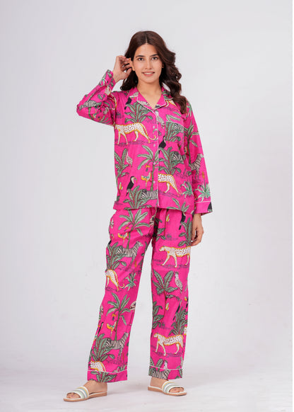 Women's Pink Safari Print Cotton Night Suit Set – Elegant Two Piece Pajama Set