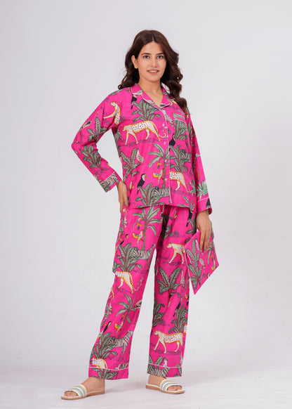 Women's Pink Safari Print Cotton Night Suit Set – Elegant Two Piece Pajama Set