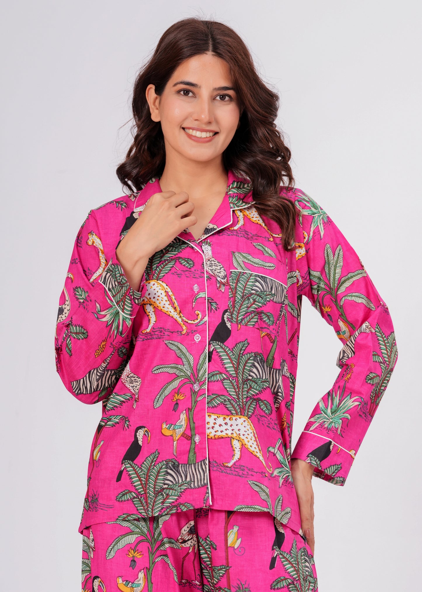 Women's Pink Safari Print Cotton Night Suit Set – Elegant Two Piece Pajama Set