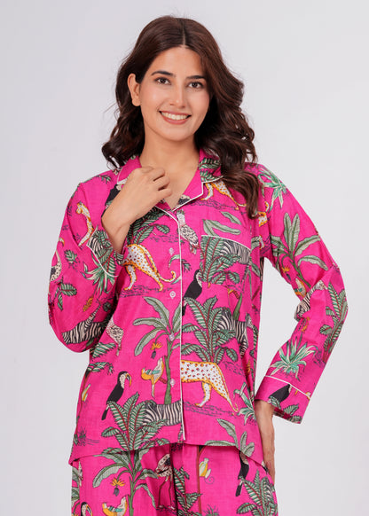 Women's Pink Safari Print Cotton Night Suit Set – Elegant Two Piece Pajama Set