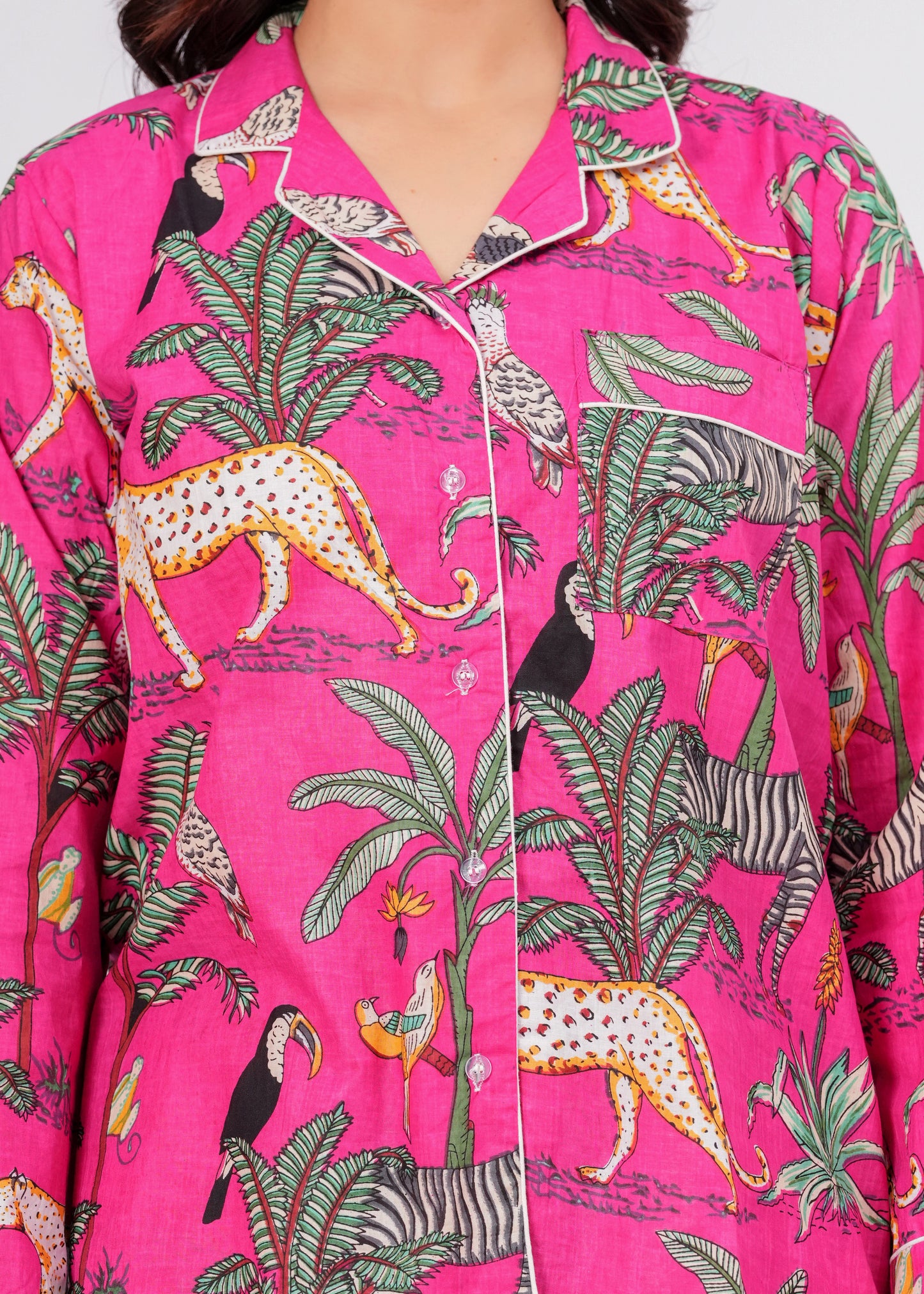 Women's Pink Safari Print Cotton Night Suit Set – Elegant Two Piece Pajama Set