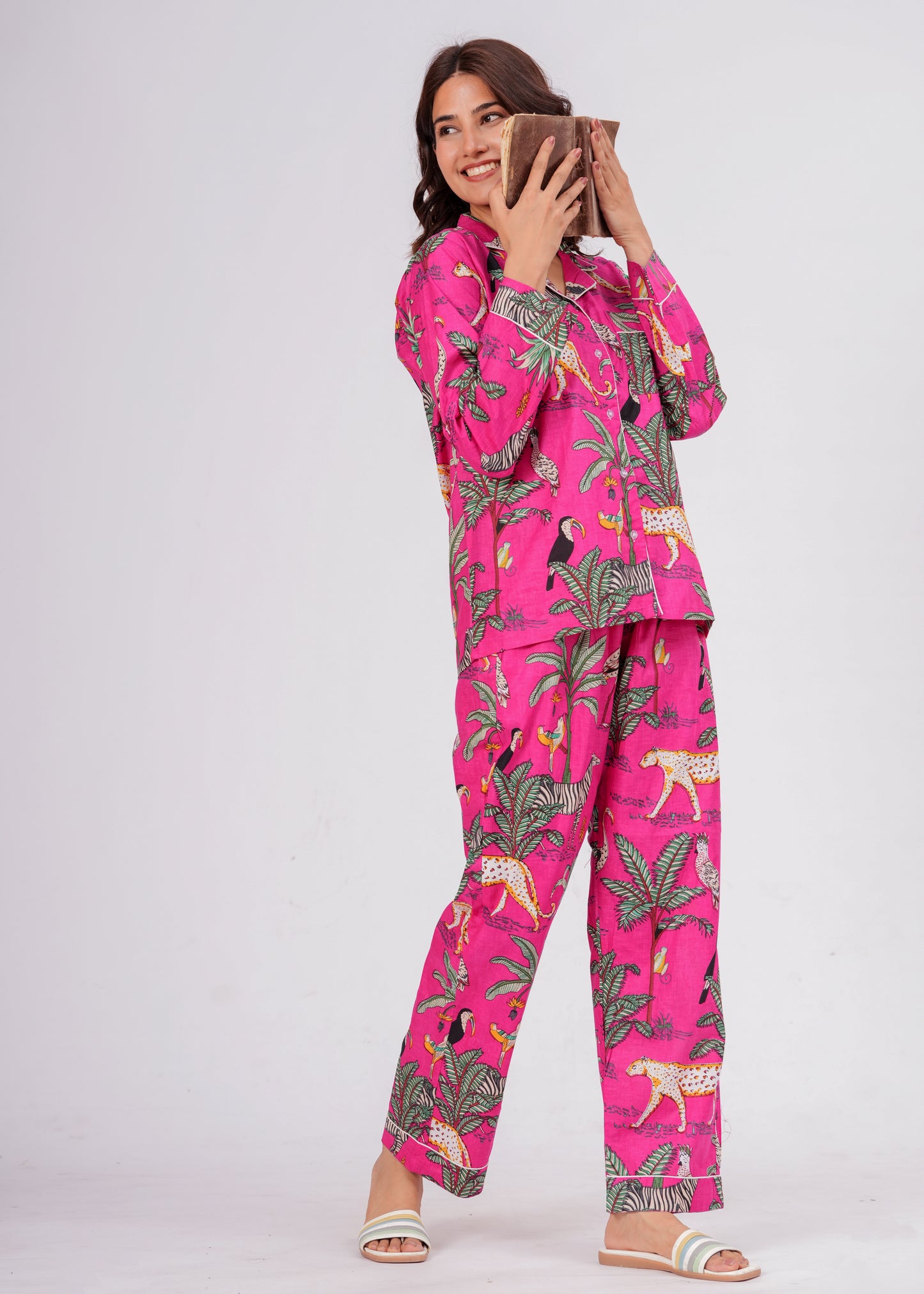 Women's Pink Safari Print Cotton Night Suit Set – Elegant Two Piece Pajama Set