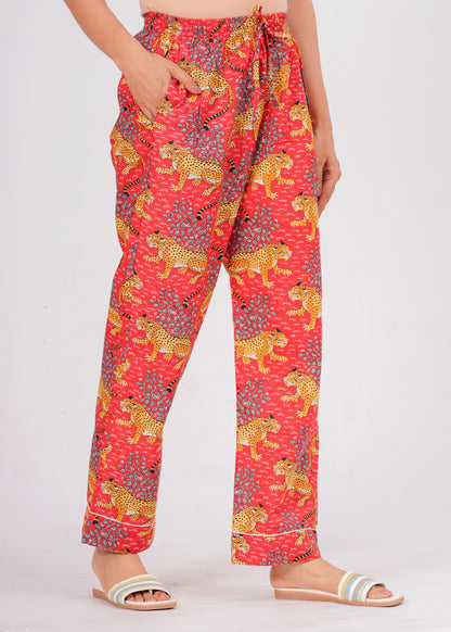 Women's Red Leopard Print Cotton Night Suit Set – Striped Two Piece Pajama Set